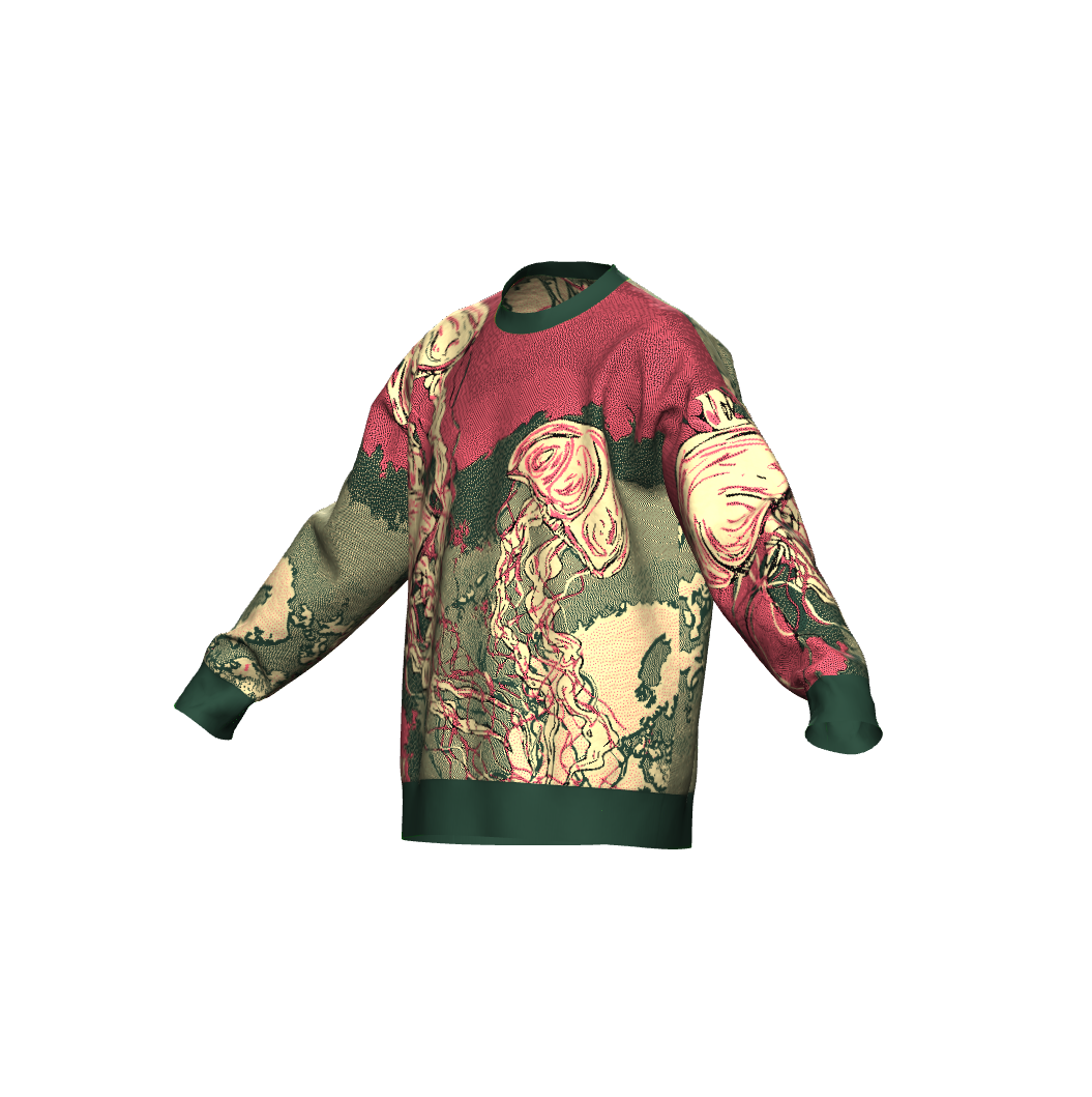 Jellyfish jacquard knit unisex crewneck sweater in Mellow, Pine, Hot Pink, and Black – artistic ocean-inspired pullover with relaxed fit.