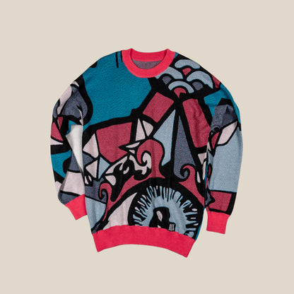 Unisex Jacquard Crewneck Knitted Sweater Relaxed Fit