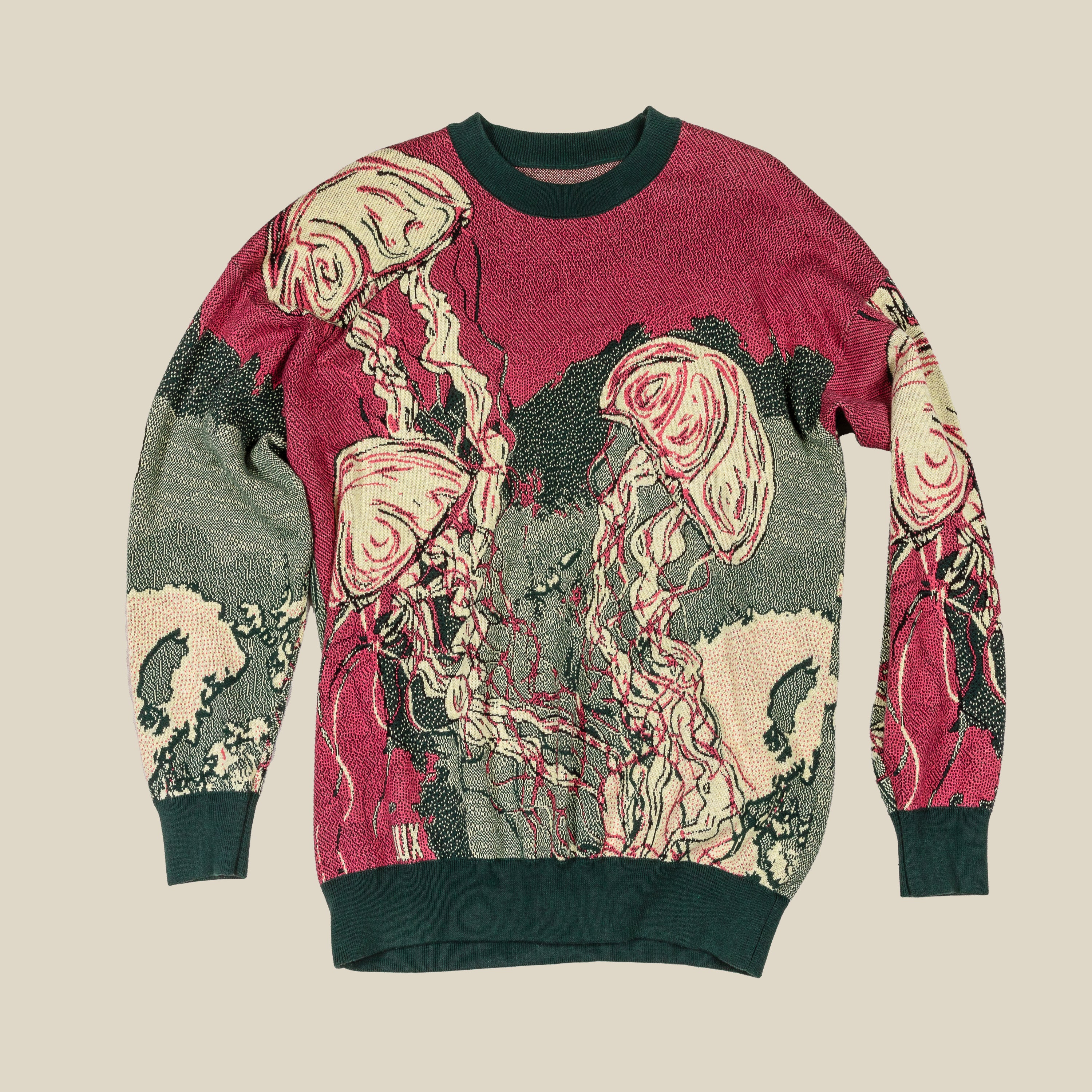 Jellyfish jacquard knit unisex crewneck sweater in Mellow, Pine, Hot Pink, and Black – artistic ocean-inspired pullover with relaxed fit.