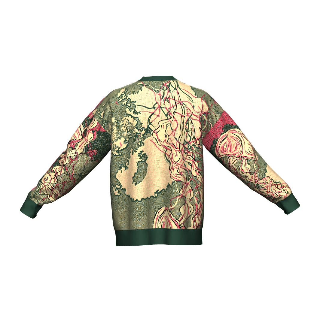Jellyfish jacquard knit unisex crewneck sweater in Mellow, Pine, Hot Pink, and Black – artistic ocean-inspired pullover with relaxed fit.