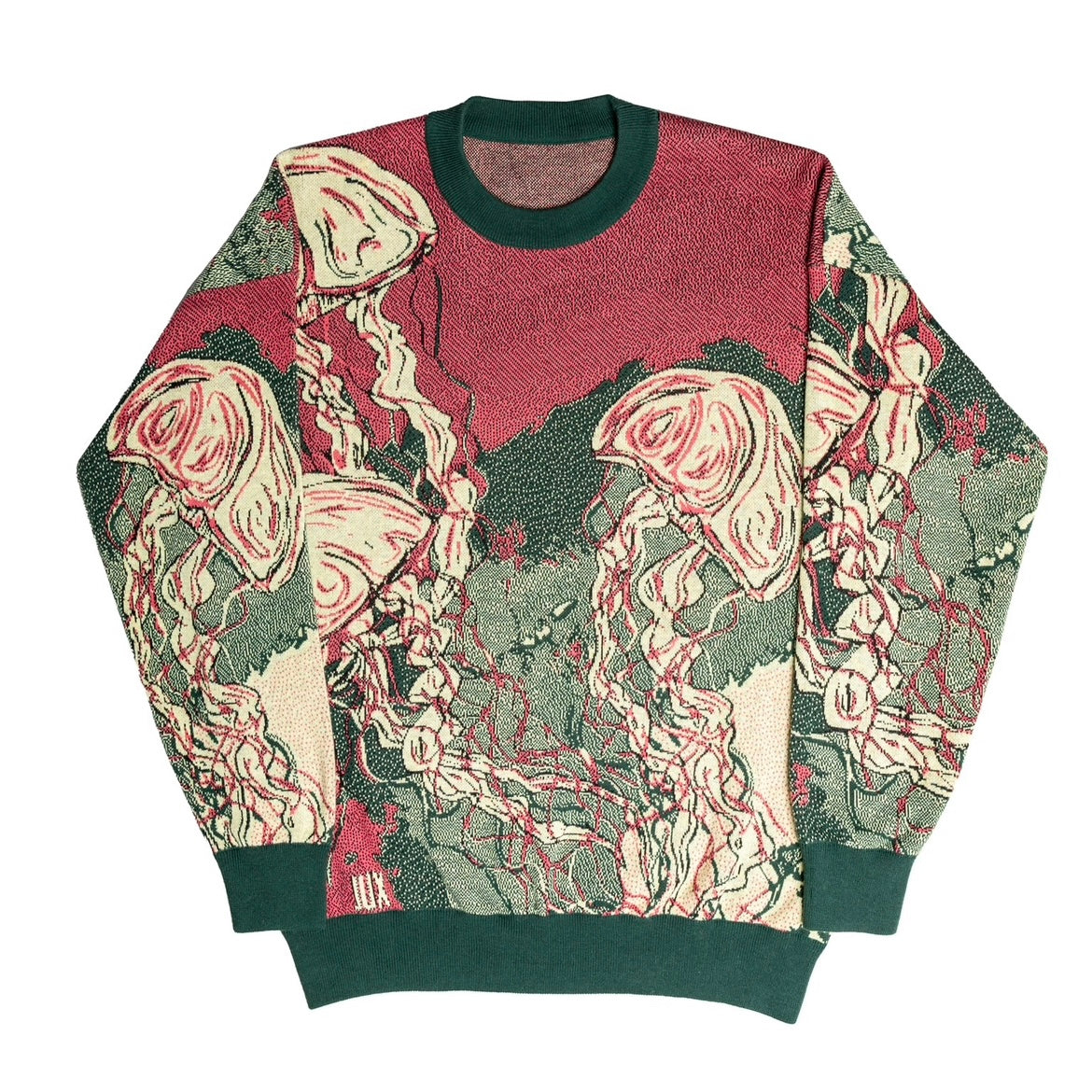 Jellyfish jacquard knit unisex crewneck sweater in Mellow, Pine, Hot Pink, and Black – artistic ocean-inspired pullover with relaxed fit.