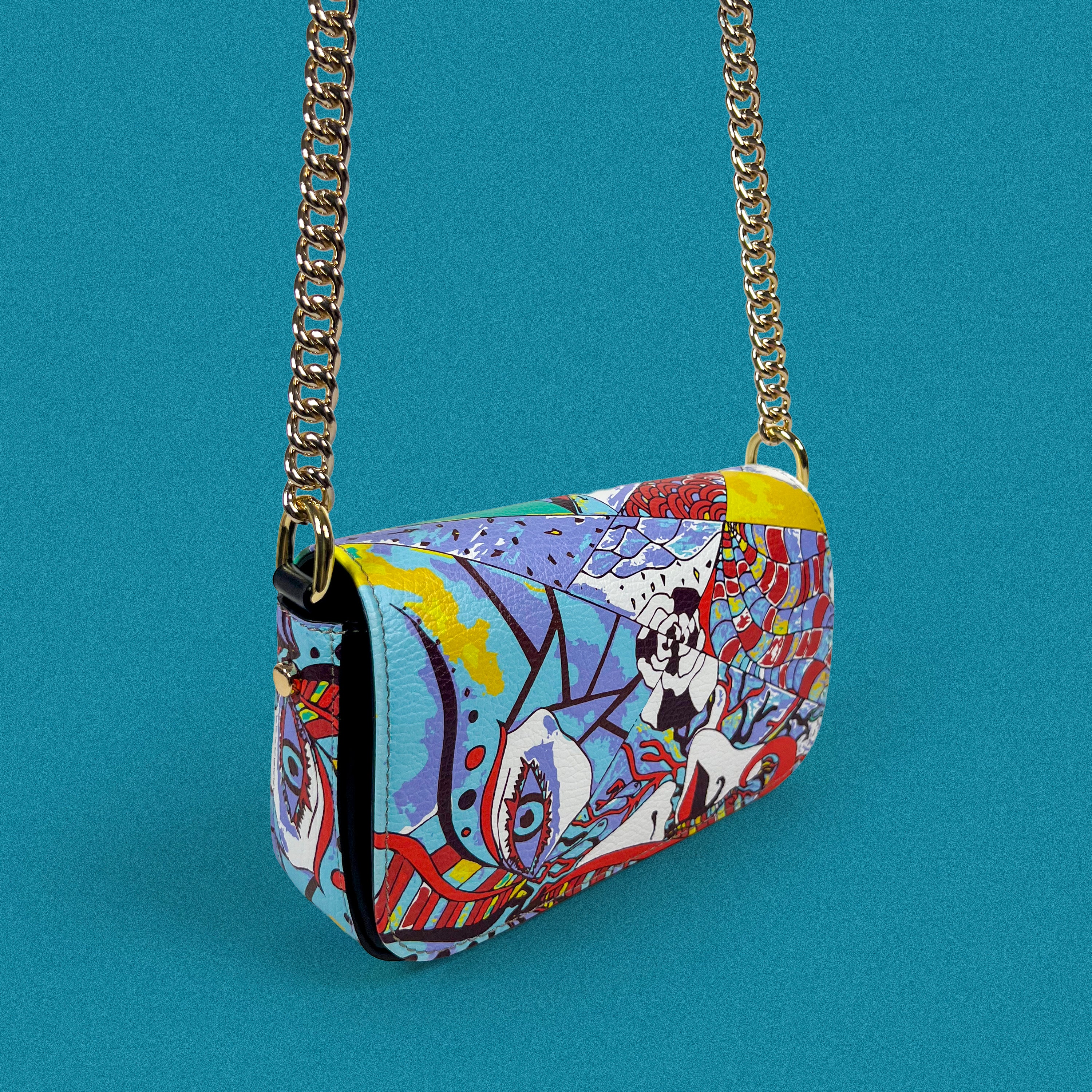 Vivid Abstract Art Shoulder Bag – Bubble Nappa Leather with Gold Chain - JUX