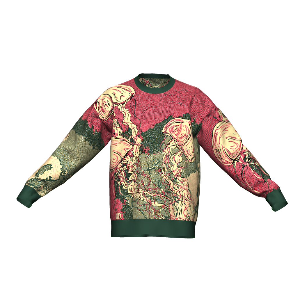 Jellyfish jacquard knit unisex crewneck sweater in Mellow, Pine, Hot Pink, and Black – artistic ocean-inspired pullover with relaxed fit.