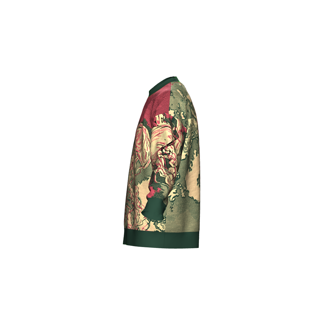 Jellyfish jacquard knit unisex crewneck sweater in Mellow, Pine, Hot Pink, and Black – artistic ocean-inspired pullover with relaxed fit.