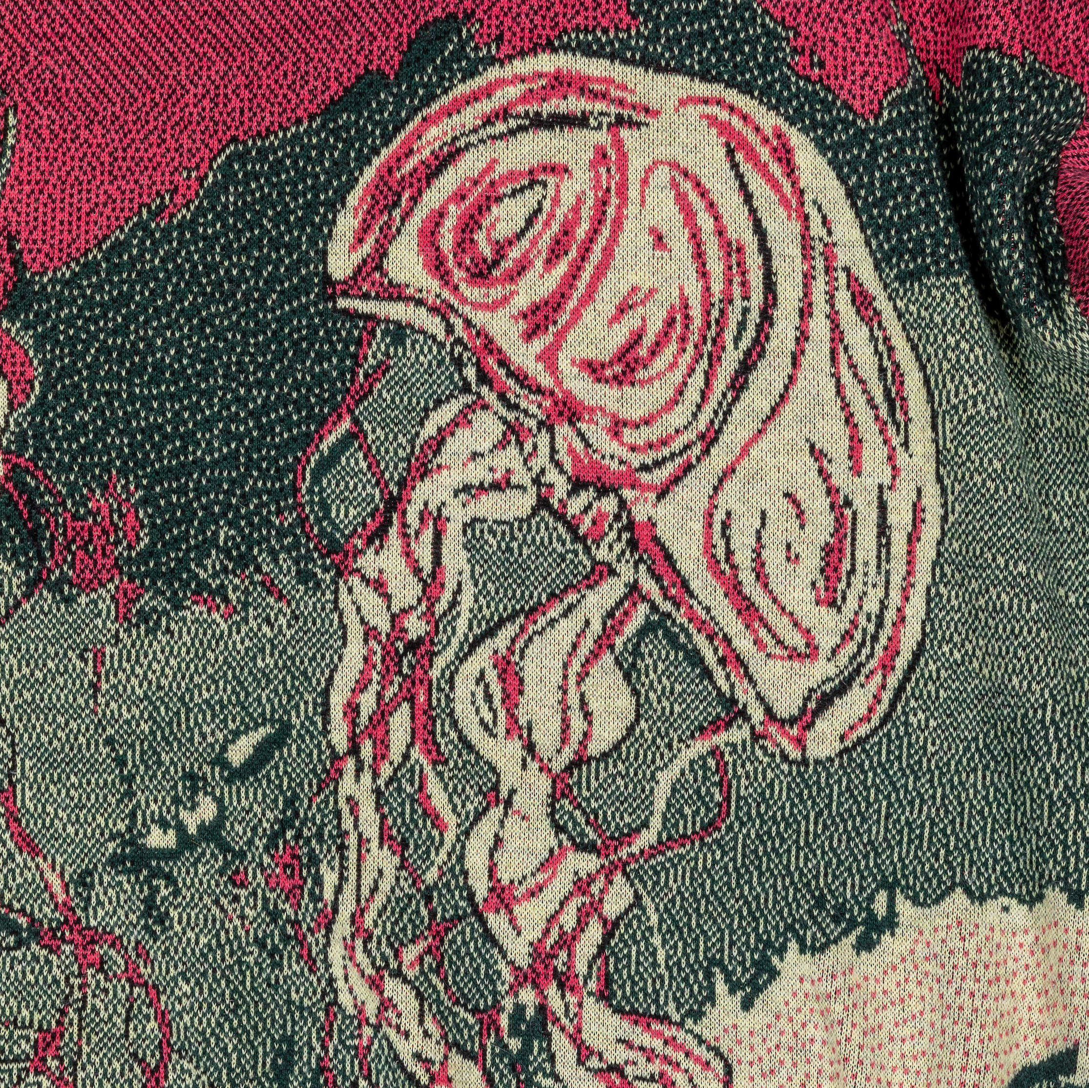 Jellyfish jacquard knit unisex crewneck sweater in Mellow, Pine, Hot Pink, and Black – artistic ocean-inspired pullover with relaxed fit.