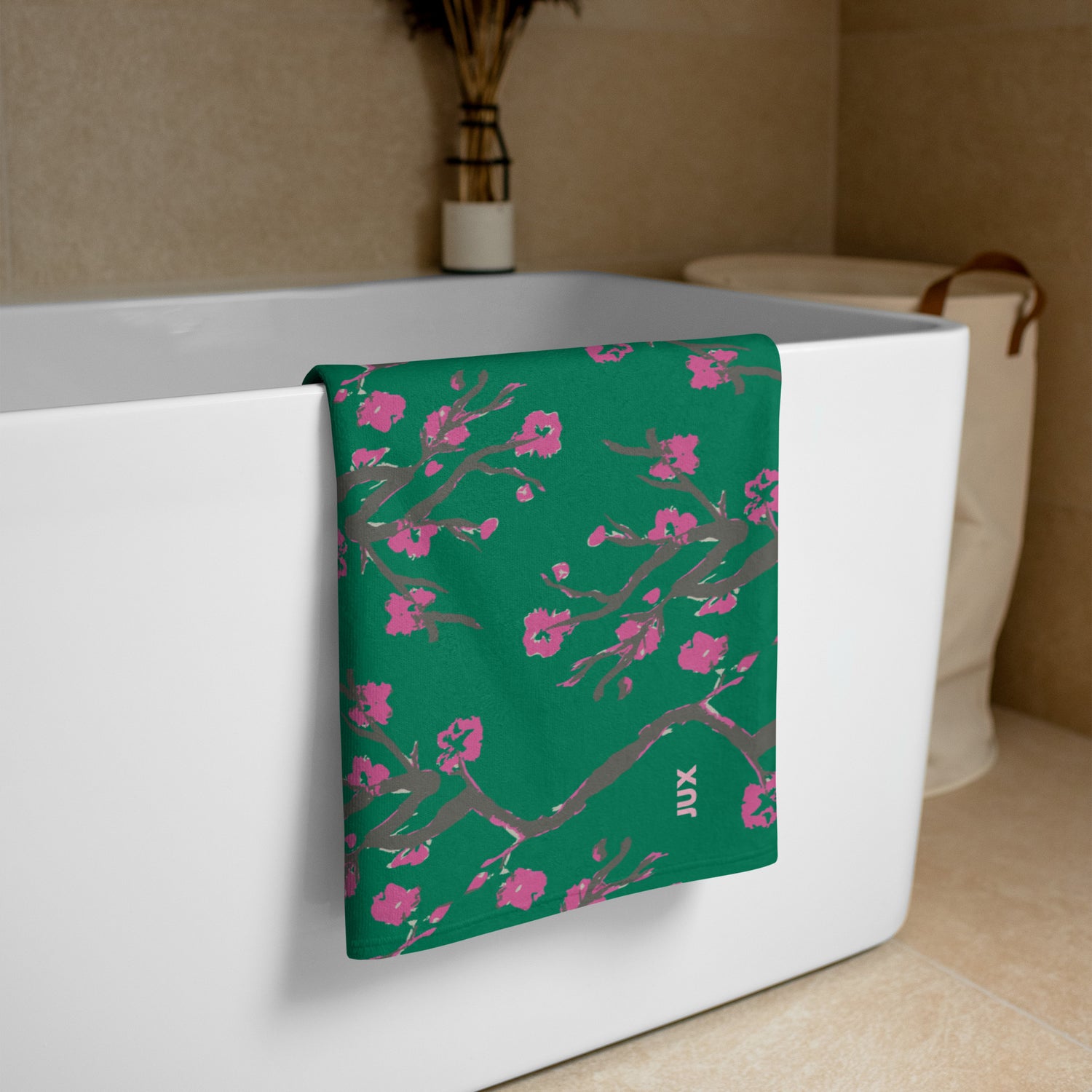Lifestyle Bathroom View of Cherry Blossom Unique Print Towel