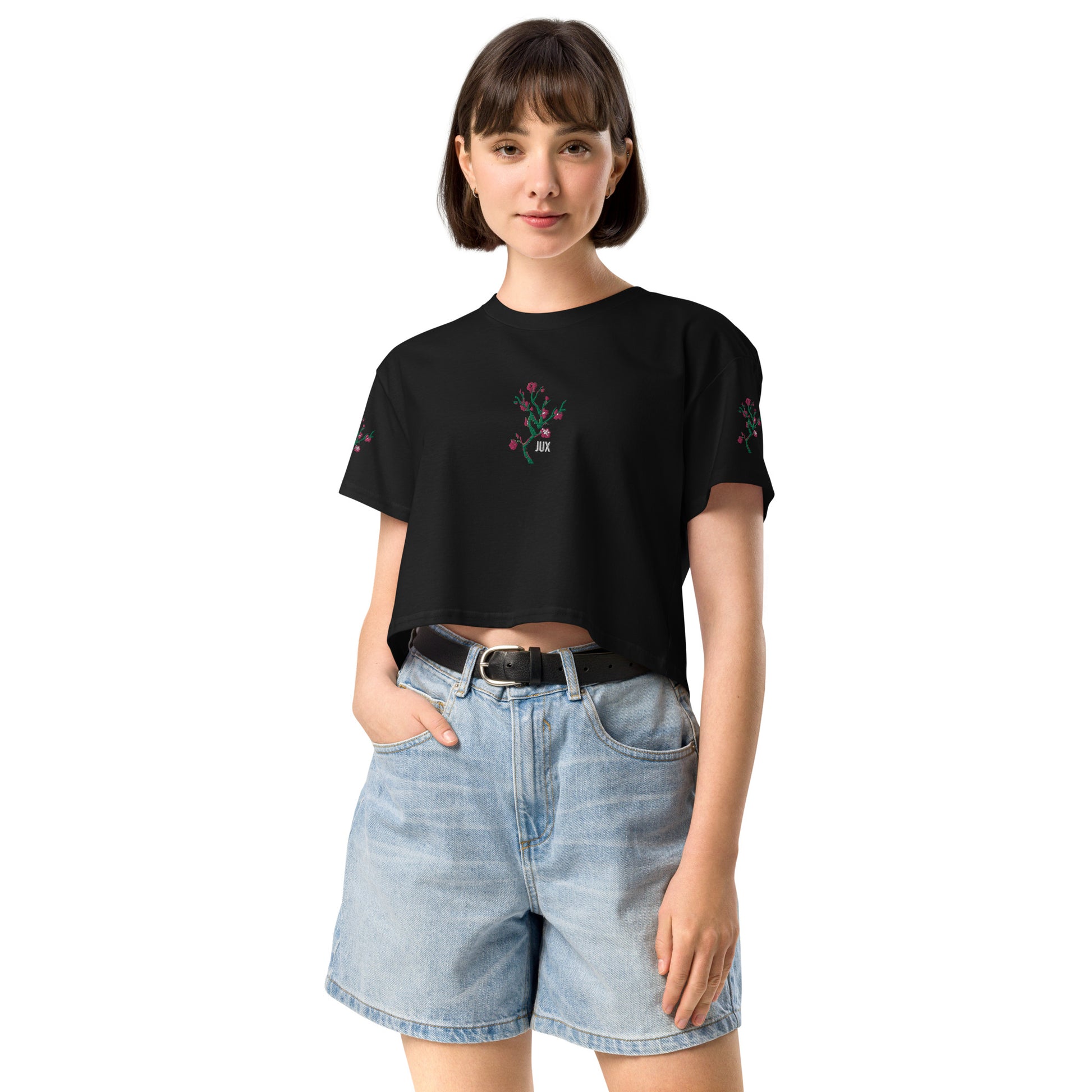 Feminine Cut Embroidered Crop Top T-Shirt - JUX