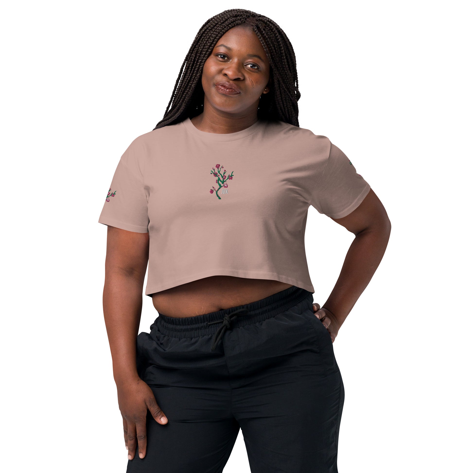 Model View Feminine Cut Embroidered Crop Top T-Shirt